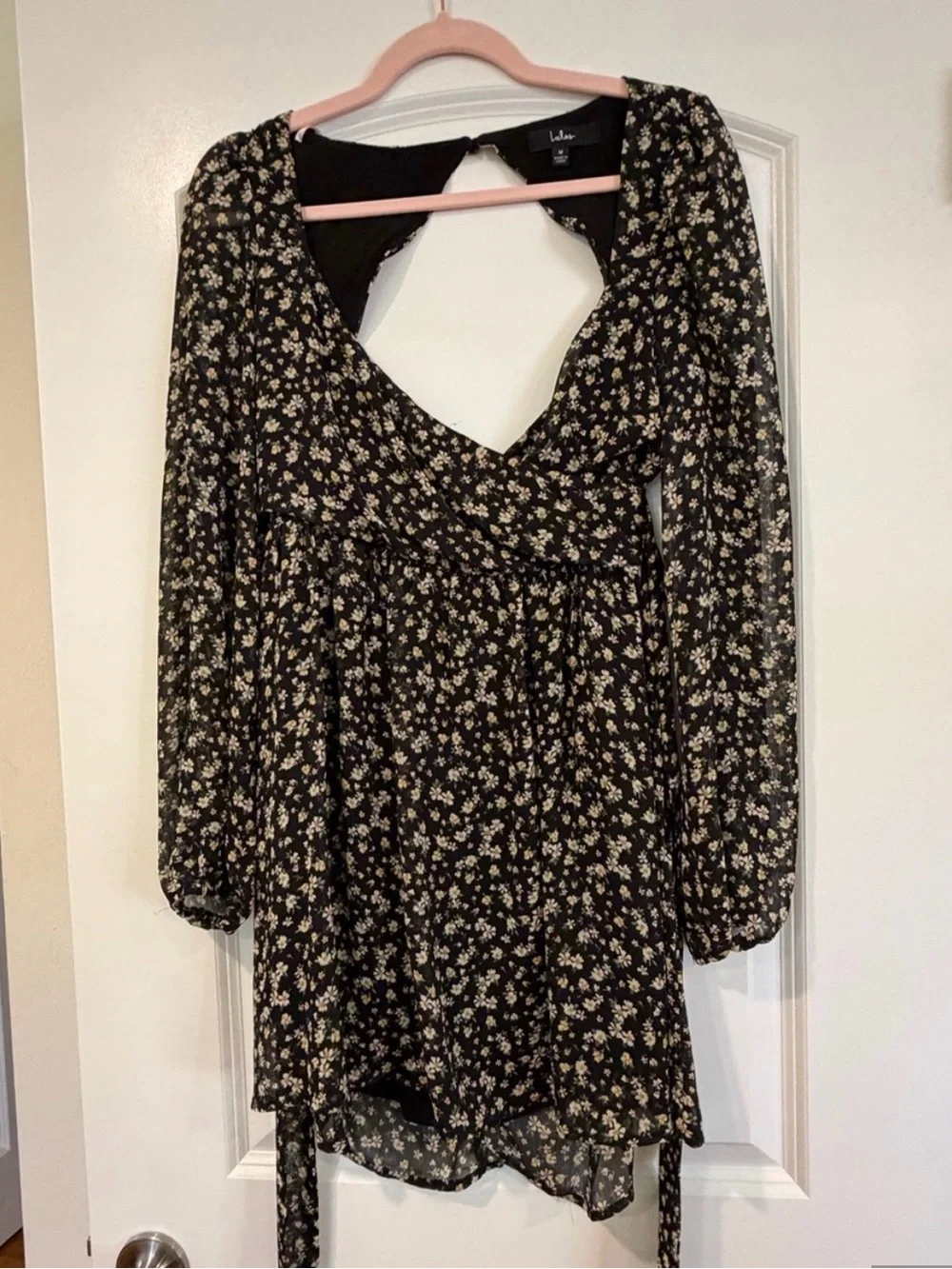 Lulu's Black Floral Backless Long-Sleeve Mini Dress - Picture 2 of 4